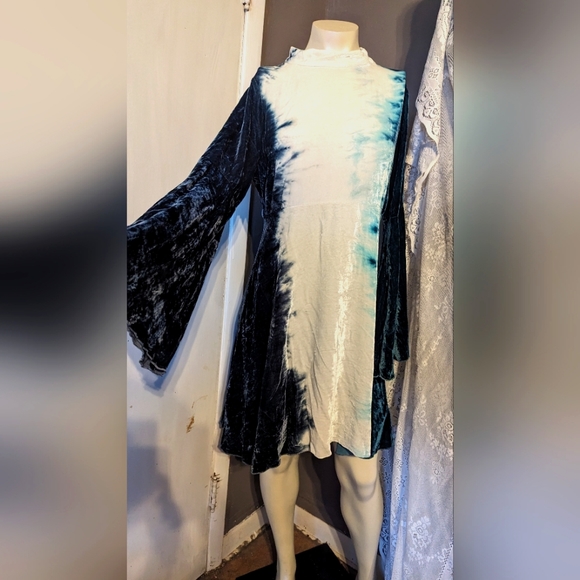 Hippie boho Chasor medium velvet bell sleeve festival dress tie-dye teal navy - Picture 7 of 7